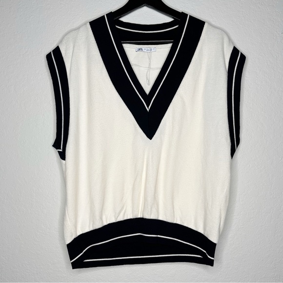 Zara Sweaters Zara Cream Navy Blue V Neck Sweater Vest New Large